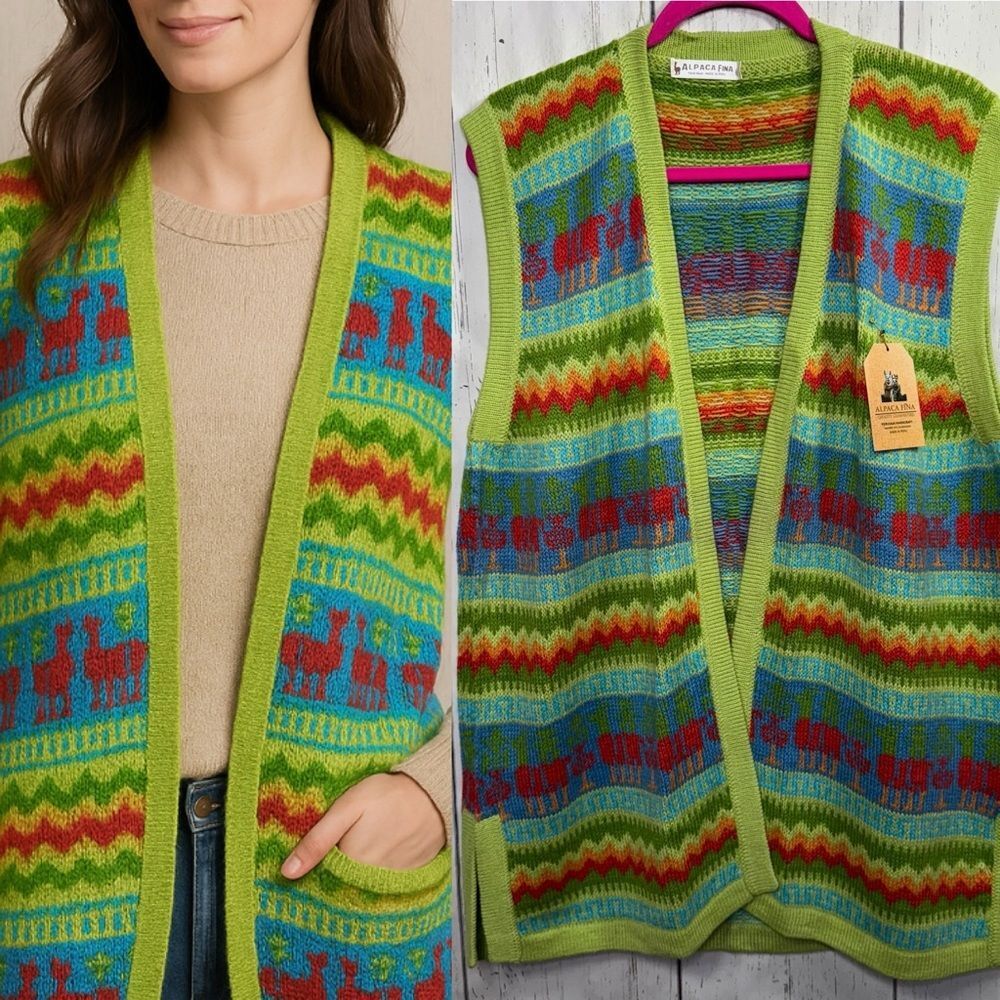 Alpaca Fina Knit Llama Vest Colorful Artisan Sweater Vest Boho Cozy Open Front